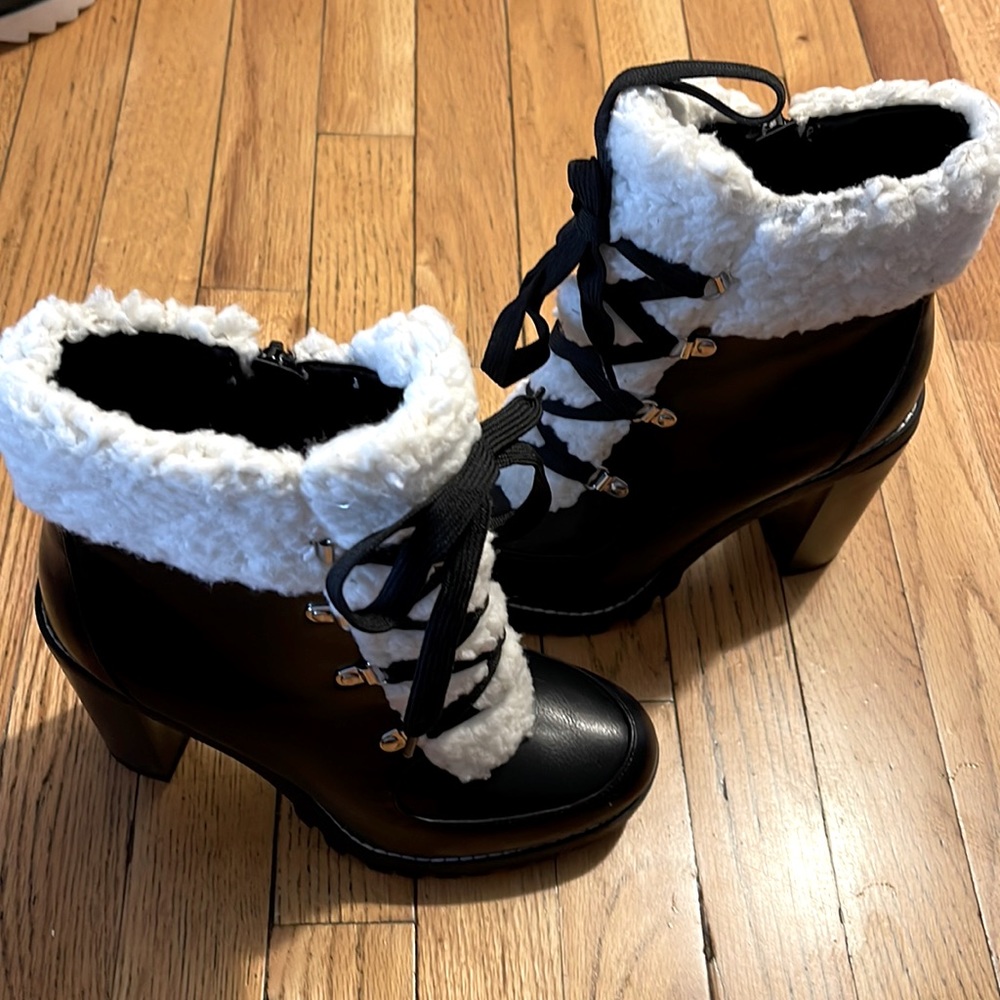 New BCBGeneration Sherpa Black Winter Lace Up High Heel Booties